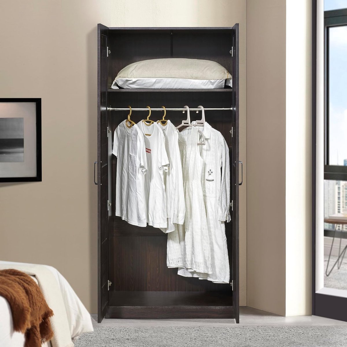 Luxe Finning Kledingkast 176x80x52 cm – Donker Walnoot MDF met Kledingroede en Plank – Moderne Opbergkast voor Slaapkamer