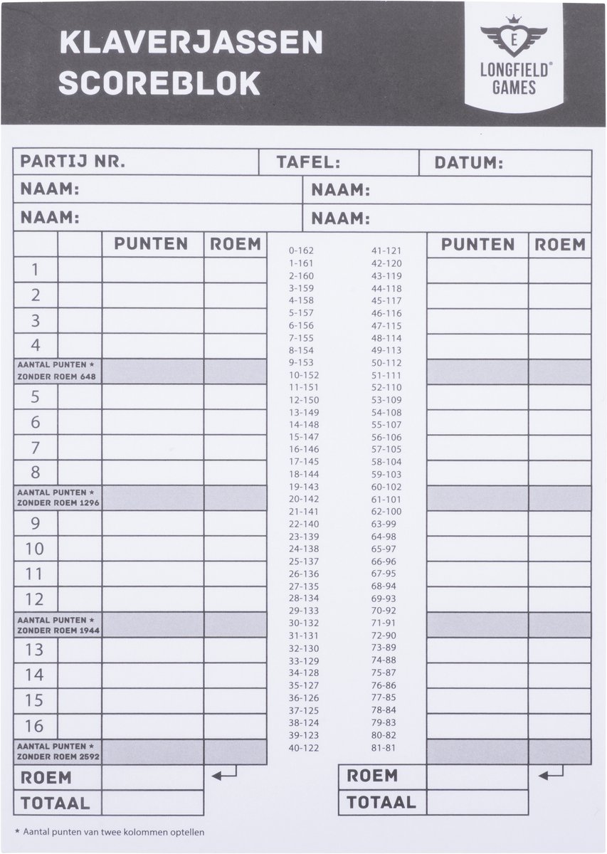Klaverjas Scoreblok – 50 Vellen – Scoreformulier voor Klaverjassen – Kaartspel Scoreblok