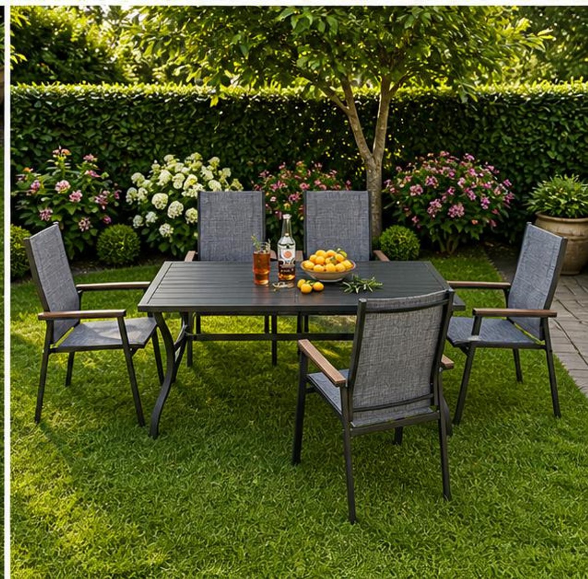 Tuinset 6 Personen – Polyrattan Tuinmeubelset met Eettafel 152 cm en 6 Stoelen, Weerbestendig met Parasolgat voor Tuin en Terras – Dader