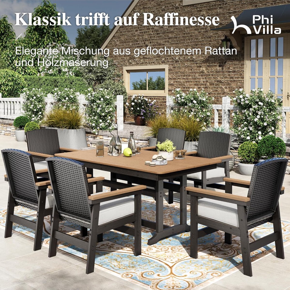 Tuinmeubelset 7-delig 162x95 cm Rotan Eettafel Set met 6 Stoelen & Dikke Kussens – Weerbestendig Metaal & PE Rotan – Luxe Outdoor Dining Set voor 6 Personen – Modern Terras & Balkon – HomebyNicole