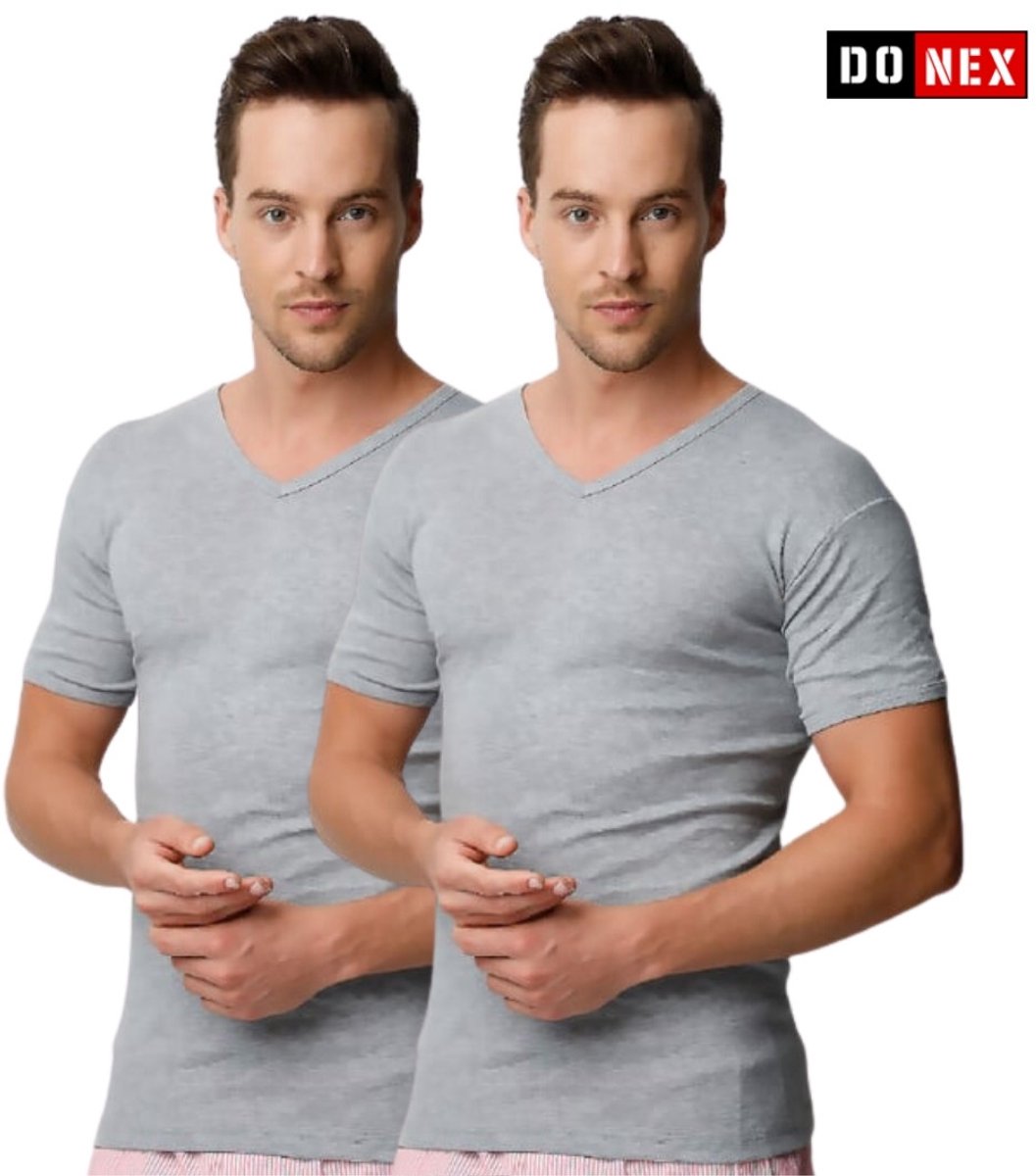 DONEX® Heren T-shirt V-Hals – 2 Stuks – Grijs – 100% Katoen – Slim Fit - Maat M