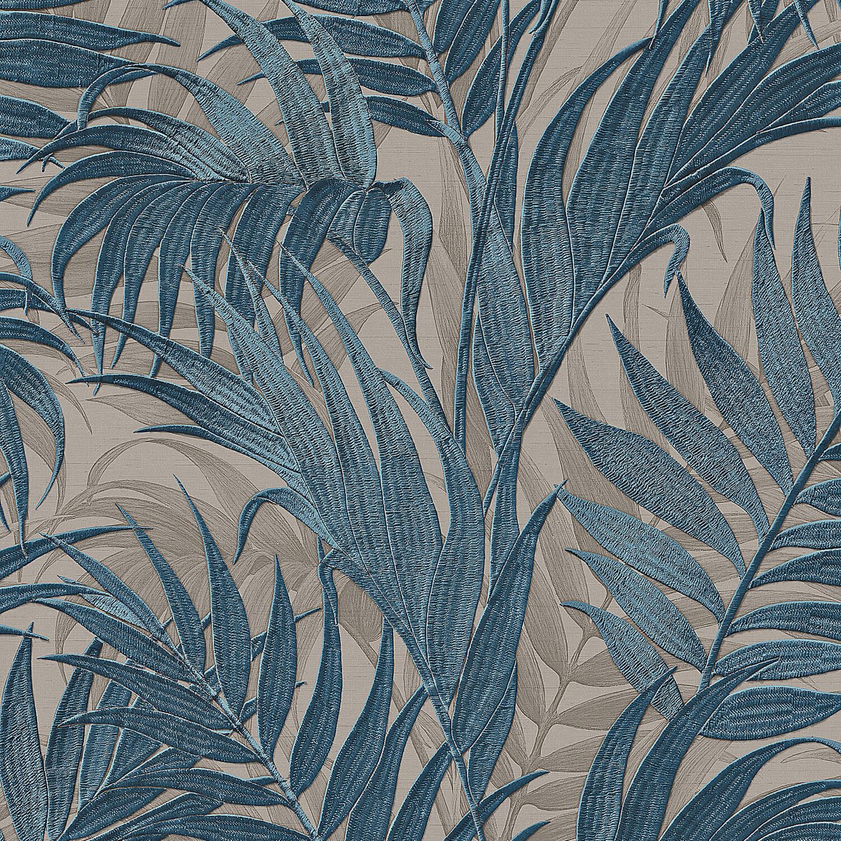 Natuur behang Profhome GR322108-DI vliesbehang hardvinyl warmdruk in reliëf gestempeld met bloemmotief glinsterend grijs blauw oceaanblauw petrol 5,33 m2