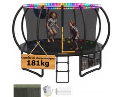 Trampoline met Veiligheidsnet - Ø 366 cm 12FT - Trampoline met LED-verlichting - Met Basketbalring - Met Ladder en Opbergzak - Max. 180 kg - Voor Kinderen en Volwassenen - Zwart