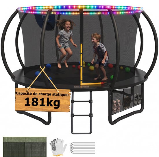 Trampoline met LED-verlichting, veiligheidsnet en basketbalring. Twee kinderen springen. Laadvermogen: 181kg. Inclusief ladder en schoenenzak.