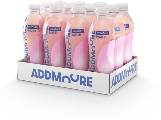 Doos met 12 flessen Addmoore Vitamin Water Strawberry Rhubarb, roze vloeistof, witte doppen.
