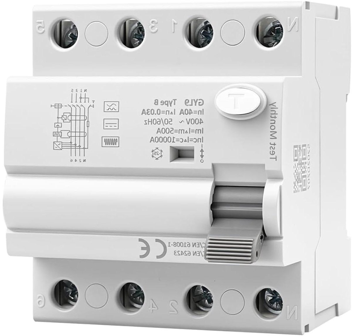 Aardlekschakelaar - Stroomonderbreker Fi-schakelaar - Elektrische Beveiliging - Allstroomgevoelig Type B - 40A 30mA 4-polig - Grijs