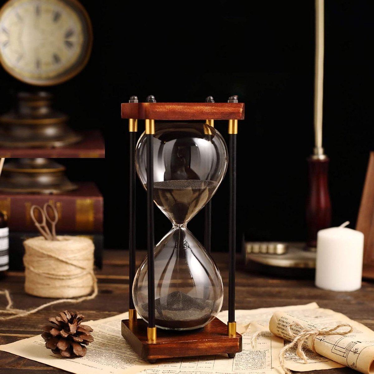 Zandloper Timer - Zandklok Decoratie - Koken en Spelletjes - Groot formaat 60 minuten - 24 cm hoog - Zwart