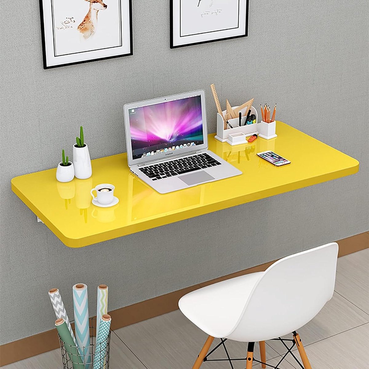 Vouwbare Wandtafel - Opklapbaar Bureau - Ruimte Besparen - Stevig Staal Ondersteuning - 40 kg Draaglast - Wit