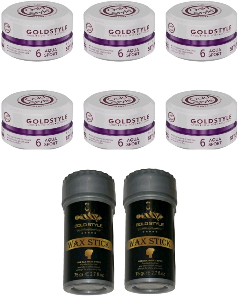 Gold Style Aqua Sport wax 6 (6 Stuks) 900ML + 2 x 75 Gram Gold Style Wax stick - Haar wax Mannen - Styling Wax - Wax stick - haar stick