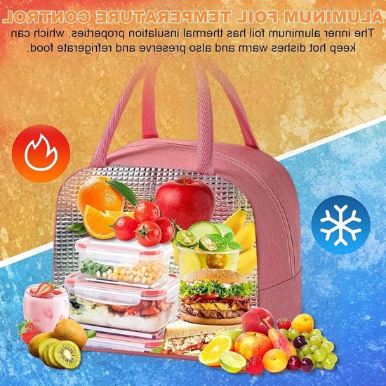 Koeltassen Set - Lunchtas Mini - Maaltijden Meenemen - Isolerende Voering - 23 x 13 x 21 cm - Marineblauw Roze — afbeelding 4