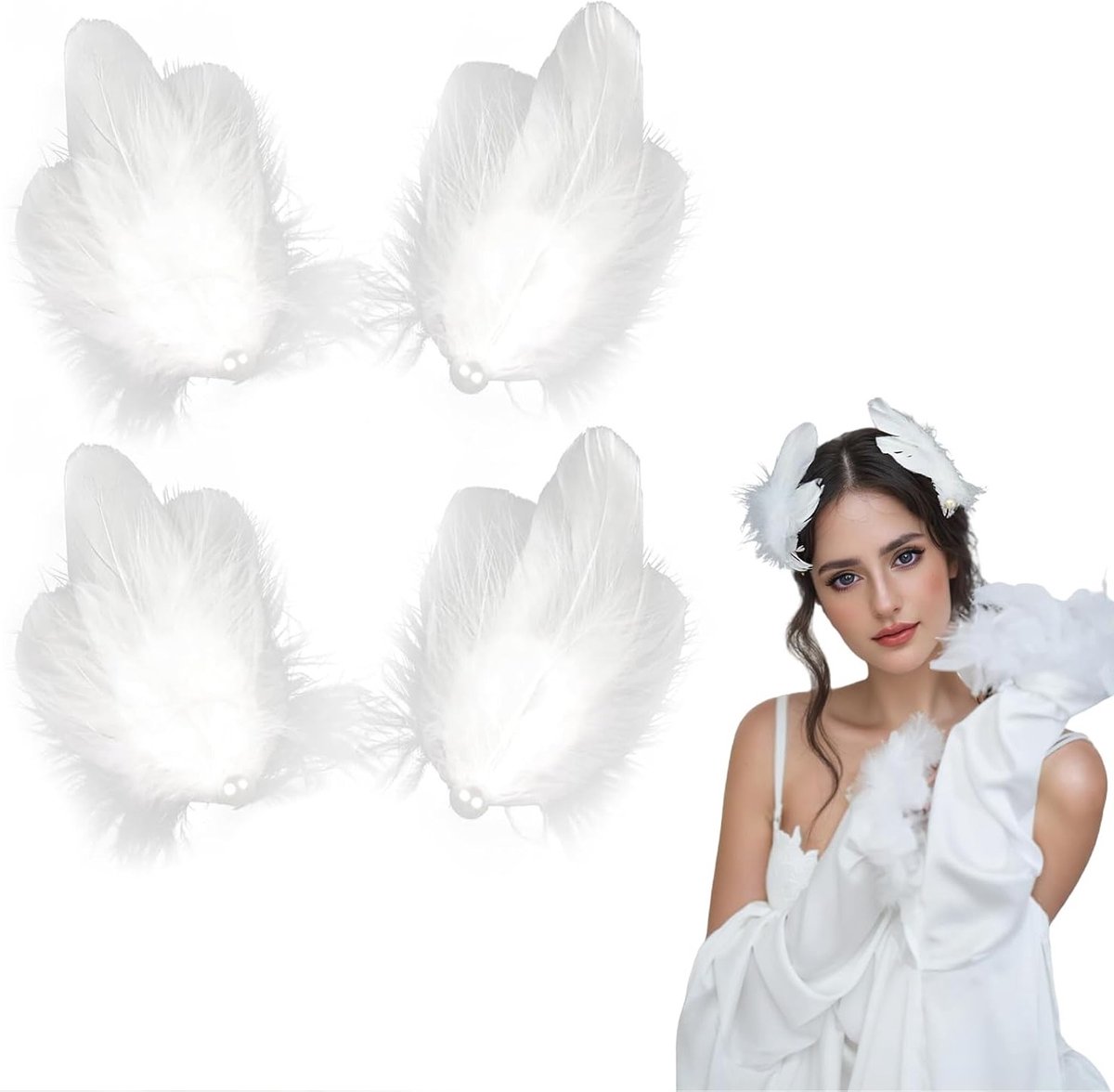 Elegante 4-delige Haarspeldset met Veertjes voor Ballet, Feest en Podiumaccessoires (Wit)