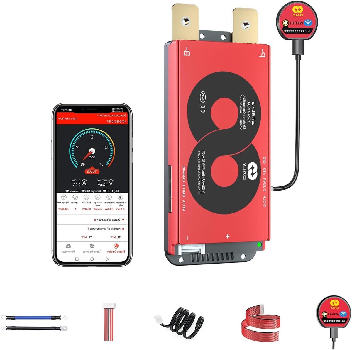 Smart BMS - Batterij Beheer - Accupack Bescherming - Met WiFi Module - 24 Volt 150A - Zwart