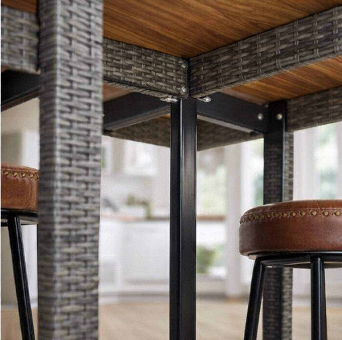 Luxe 5-Delige Outdoor Barset Grijs – Weerbestendige Tuinbar Set van Poly Rattan & Massief Acaciahout – Statafel met 4 Barkrukken – Aluminium Staal Frame voor Tuin, Terras & Horeca-Ganeey