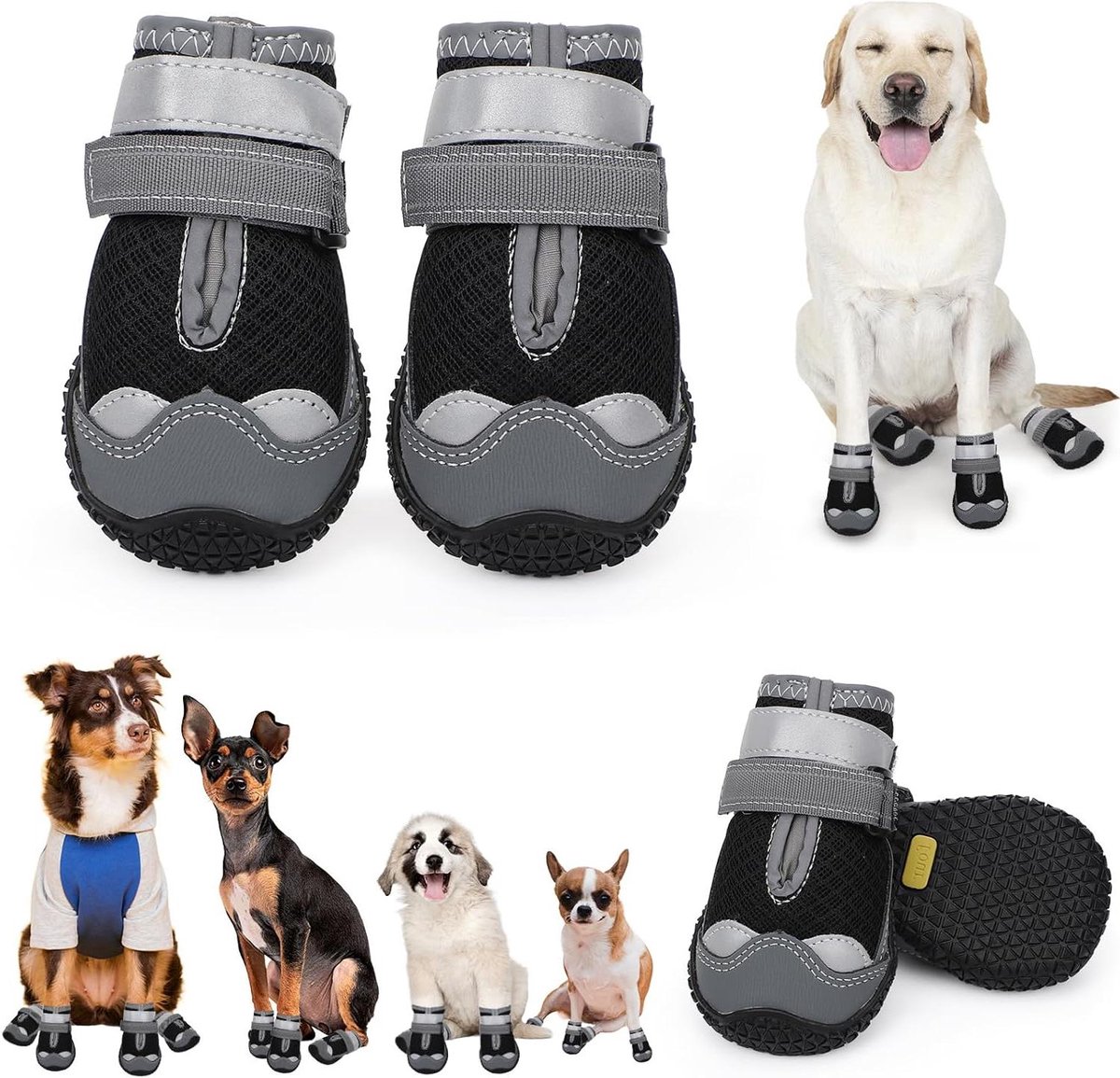 Hondenschoenen - Pootbeschermers Laarsjes - Buiten Wandelen - Reflecterende Strips - 4 UK - Zwart Grijs