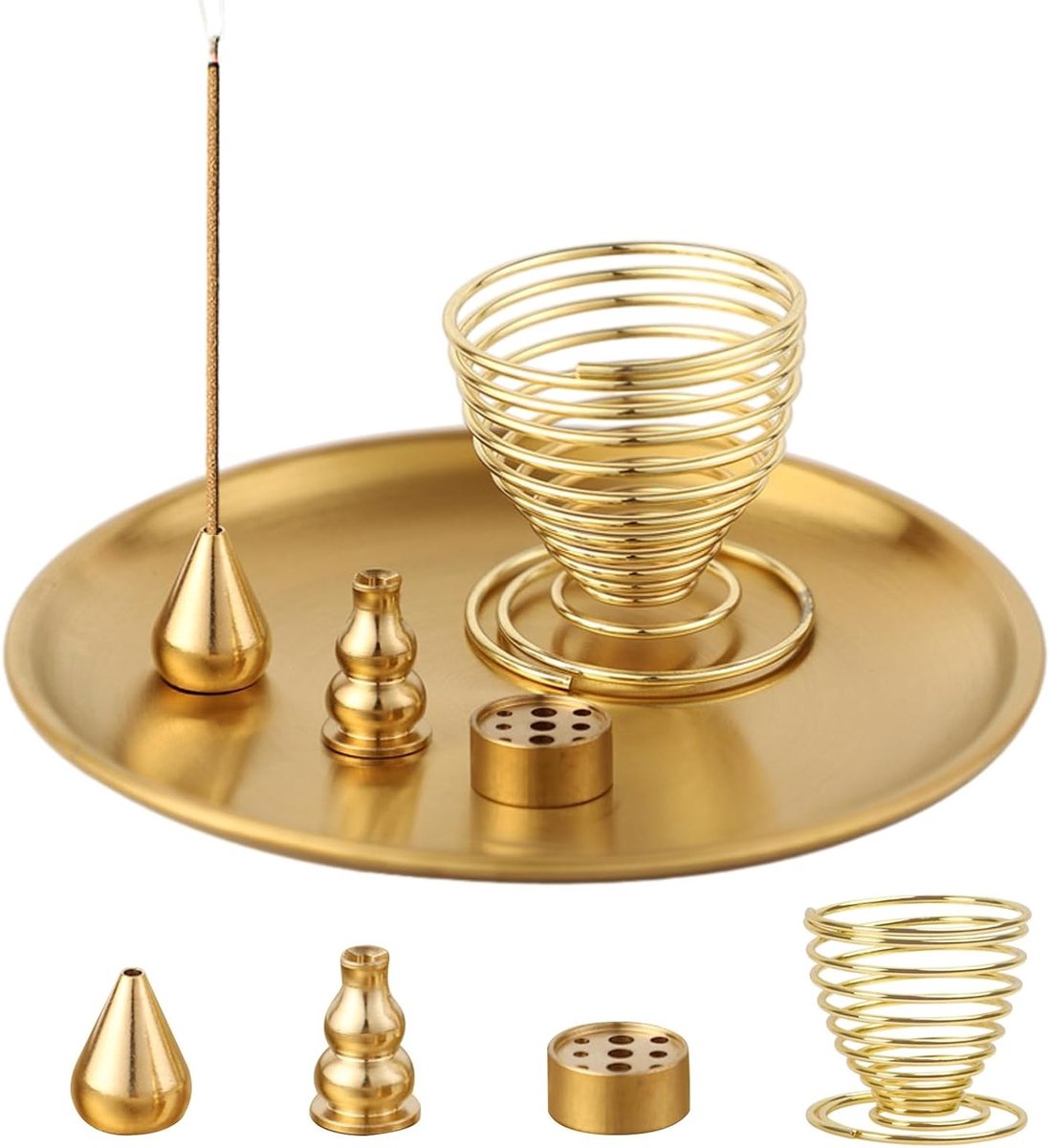 Mini Incense Holders Set - 5-in-1 Brons Branders met Asvanger voor Meditatie, Yoga en Teahuisgebruik