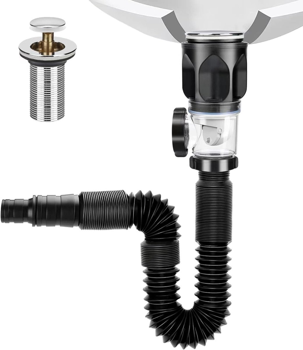 Complete Siphon Afvoer Set 1-1/2 Inch met Flexibele Afvoerslang voor Keuken en Badkamer, 300-1000mm (Zwart) - Ideaal voor Vervanging en Installatie van Afvoerleidingen