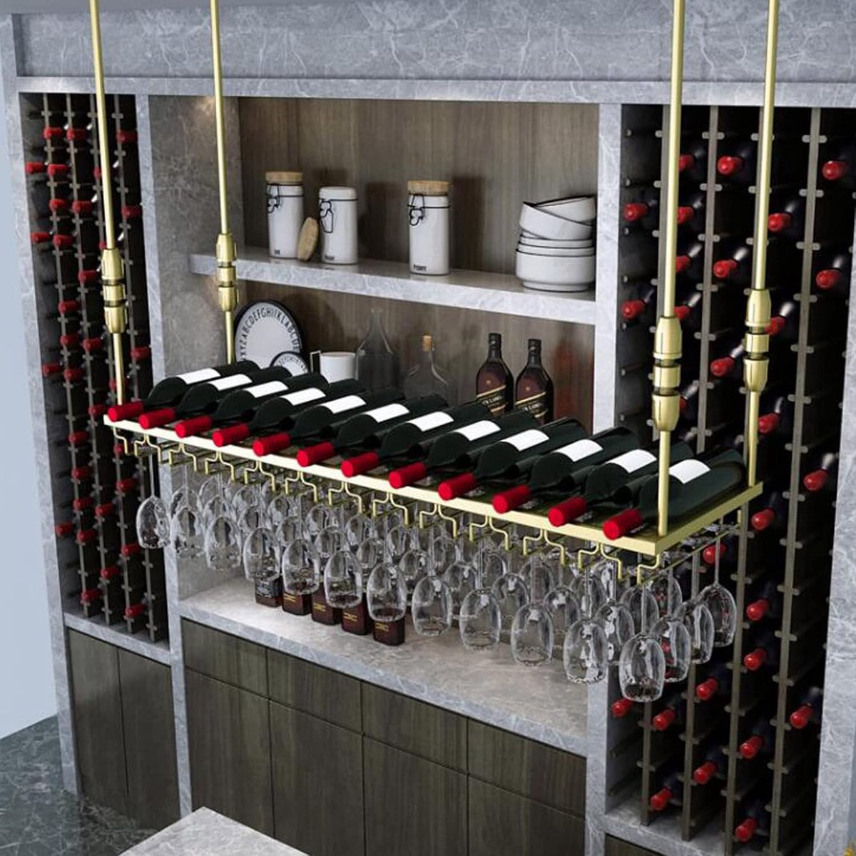 Wandgemonteerd Wijnrek Bar Unit met Hangende Glazenhouder – 150x30 cm – Industrieel Goud Metaal – Verstelbare Hoogte & Breedte – Floating Shelves Wijnfles & Wijnglashouder – HomebyNicole