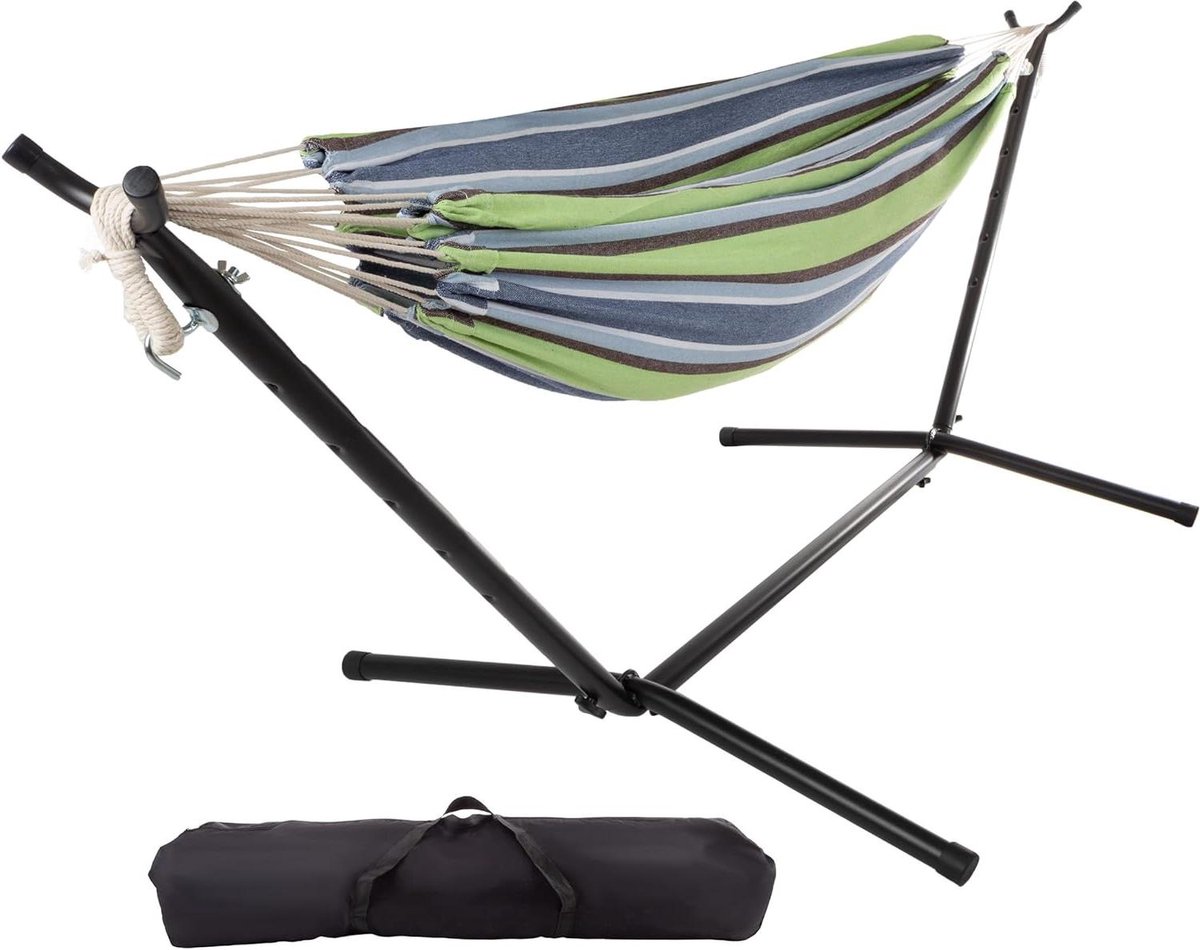 Dubbele Hangmat - Met Standaard - Buiten Ontspannen - Inclusief Draagtas - 2-Persoons - Blauw Wit Limoen