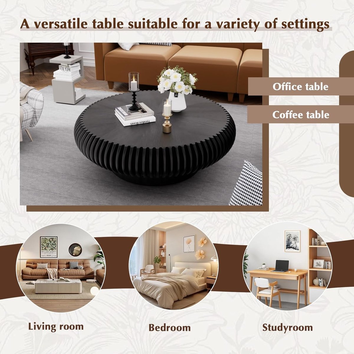 Ronde Salontafel 80 cm x 80 cm x 35 cm – Moderne Art Deco Koffietafel Zwart met Houtlook MDF Vezelplaat & Metalen Design Onderstel – Compact, Duurzaam & Eenvoudig te Monteren – Faisal