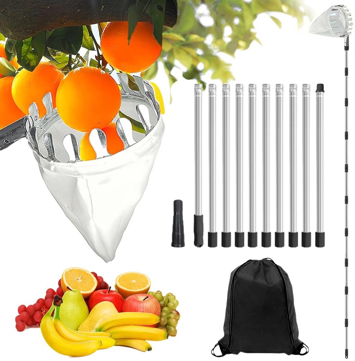 aladdien - Fruitplukker - Appelplukker - Eenvoudig te monteren - 4 m steel - Kersenplukker - Geschikt voor verschillende fruitsoorten - Inclusief ka..