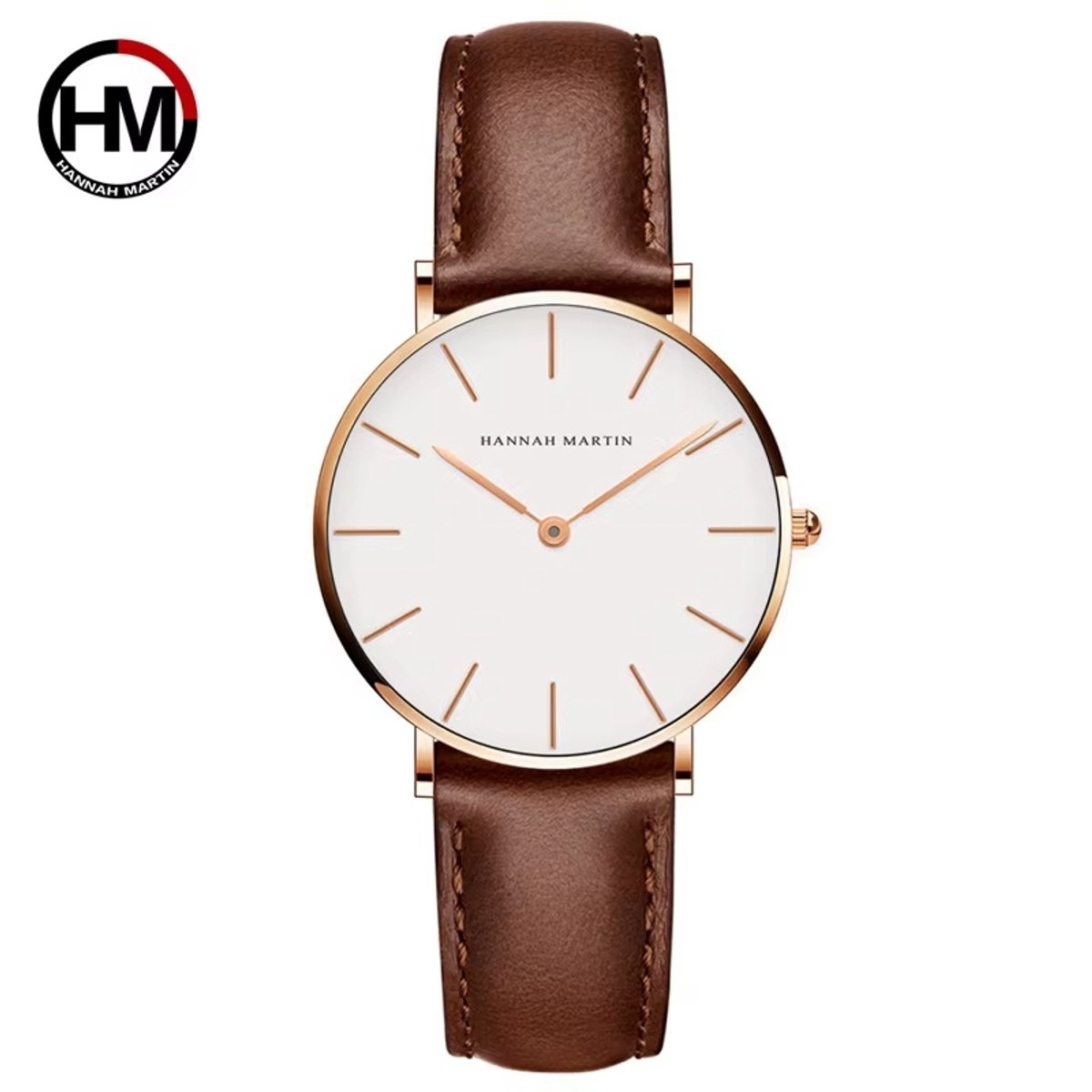 HANNAH MARTIN horloge met bruine lederen polsband, witte wijzerplaat, gouden horlogekast en gouden wijzers voor dames met stijl ( model CB36 FK )