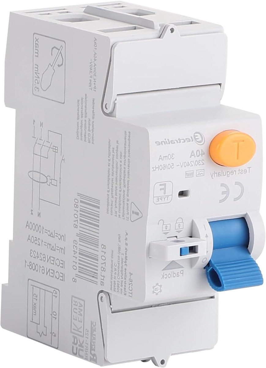 Differentiaalschakelaar - Aardlekschakelaar RCD - Bescherming elektrische installaties - Type F voor omvormers - 40 Ampère 30mA - null