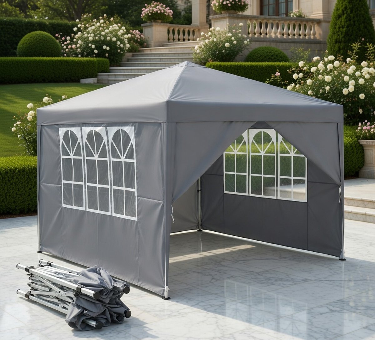 Opvouwbare Partytent 2.5x2.5m Waterdicht met 4 Zijwanden – Pop-up Tuinpaviljoen met UV Bescherming, Stalen Frame & Draagtas – Ideaal voor Tuin, Camping, Markt & Feest – Grijs | MedaHomeStore