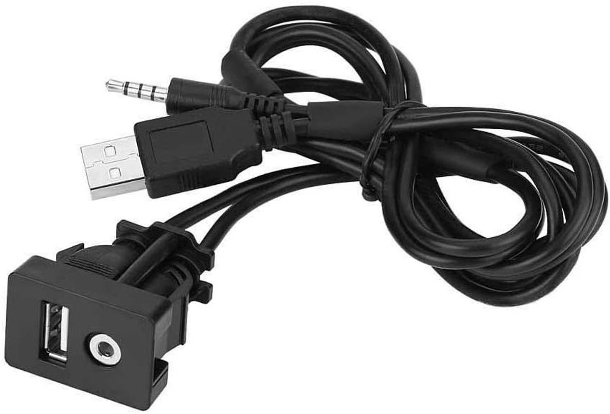 Paneelmontagekabel - Dash-inbouw Kabel - Auto Audio Verlengen - Met 3.5mm AUX en USB - 103 cm - Zwart