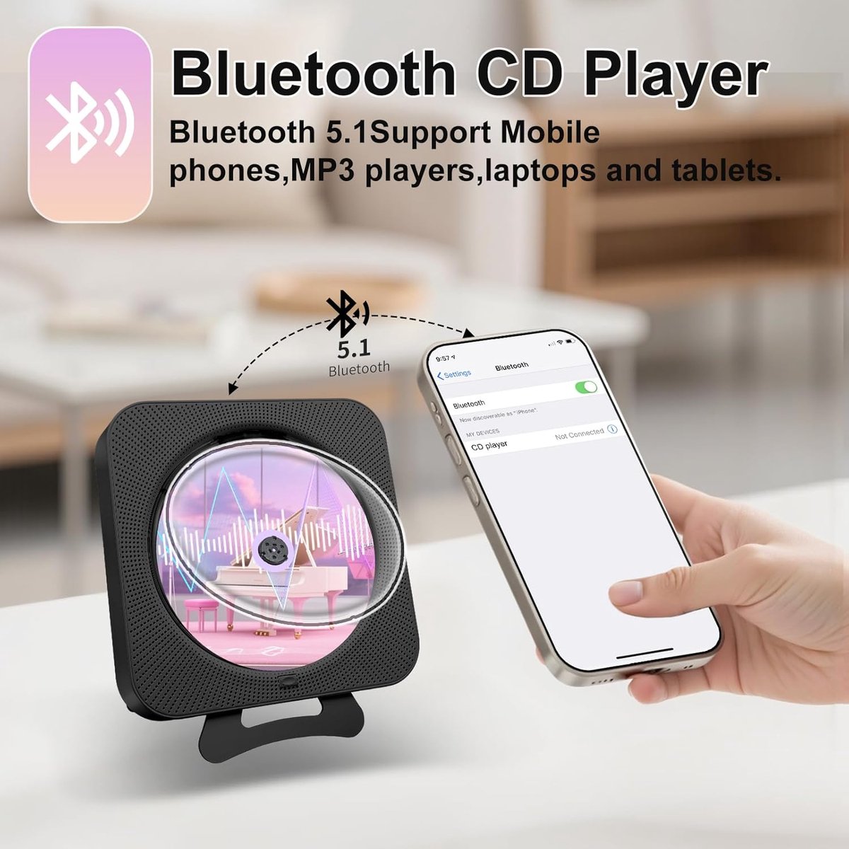 KZQ Bluetooth-speler - CD-speler met radiofunctie - Bluetooth CD-speler - FM-radio - Wandmontage mogelijk - Inclusief afstandsbediening - Ondersteunt CD/AUX/USB-ingang - Zwart thumbnail 4