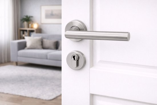 Slotman Solutions Deurklink Set RVS Geborsteld Rond Rozet PZ55 | Deurbeslag met Cilindergat | Complete Deurkrukken Set voor Binnendeuren | Inclusief Bevestigingsmateriaal