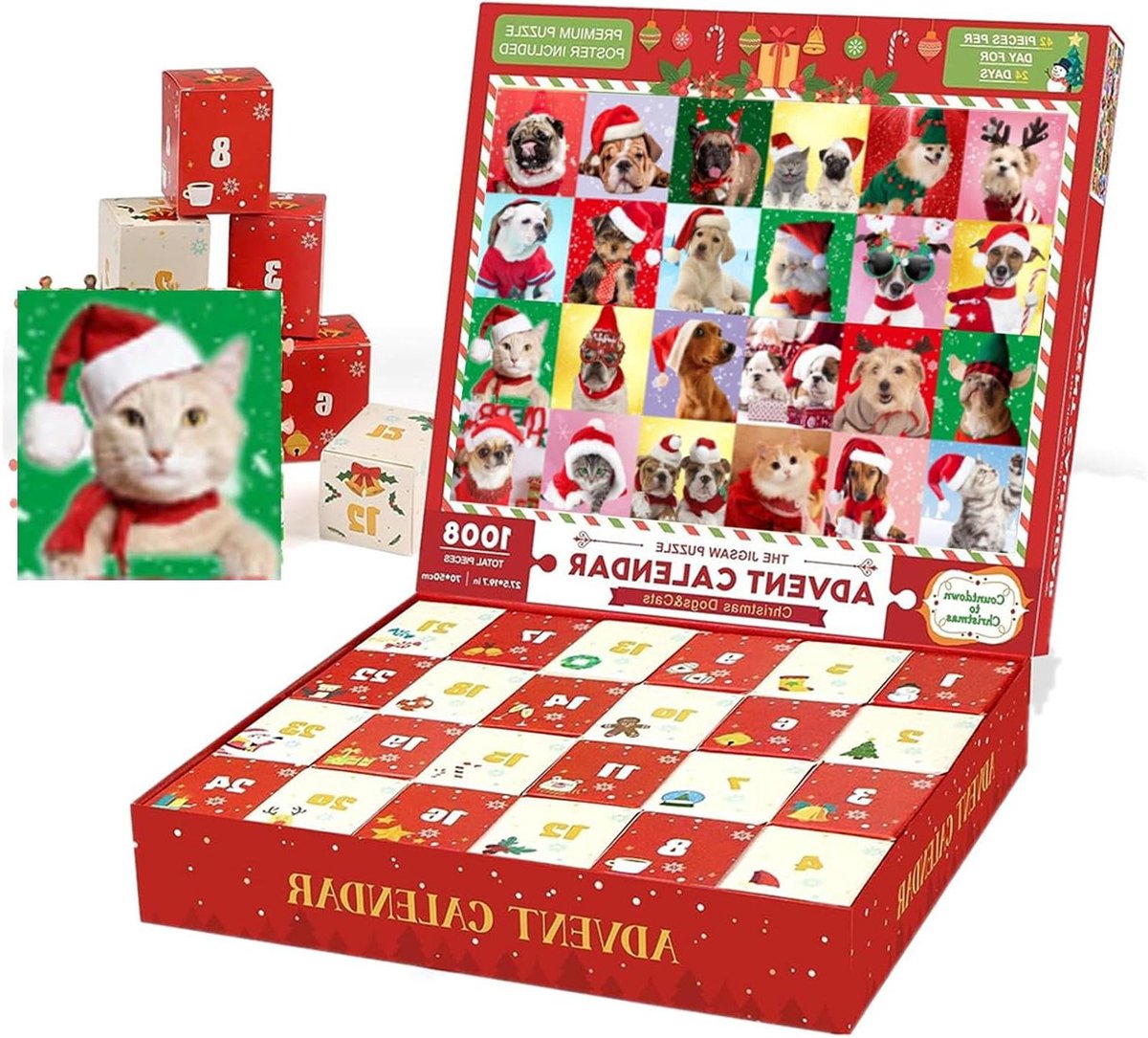 Kerst Kat Puzzel - Adventskalender Puzzel - Kerstmis Aftellen - 1008 Stukjes - 30 x 25 x 4 cm - Rood