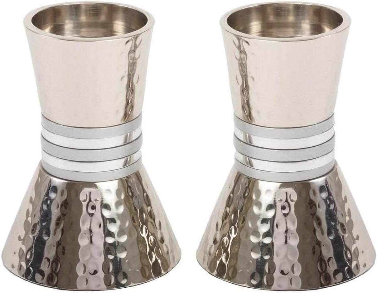 Kandelaars - Kaarsenhouders - Shabbat kaarsen - Gehamerd metaal - 4 inch - Zilveren ringen