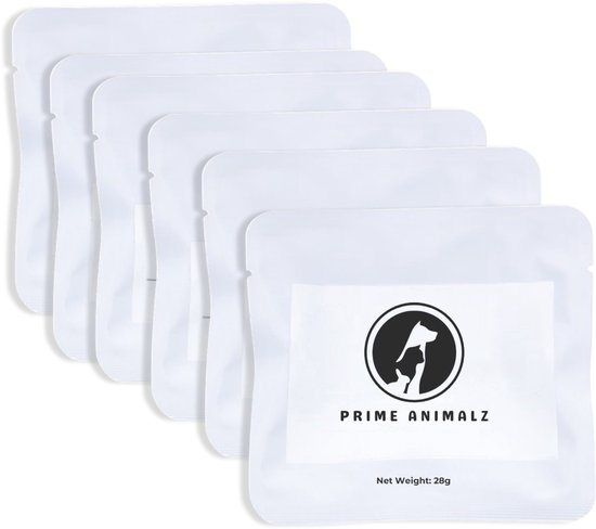 Zes witte zakjes met Prime Animalz logo en 'Net Weight: 28g'.