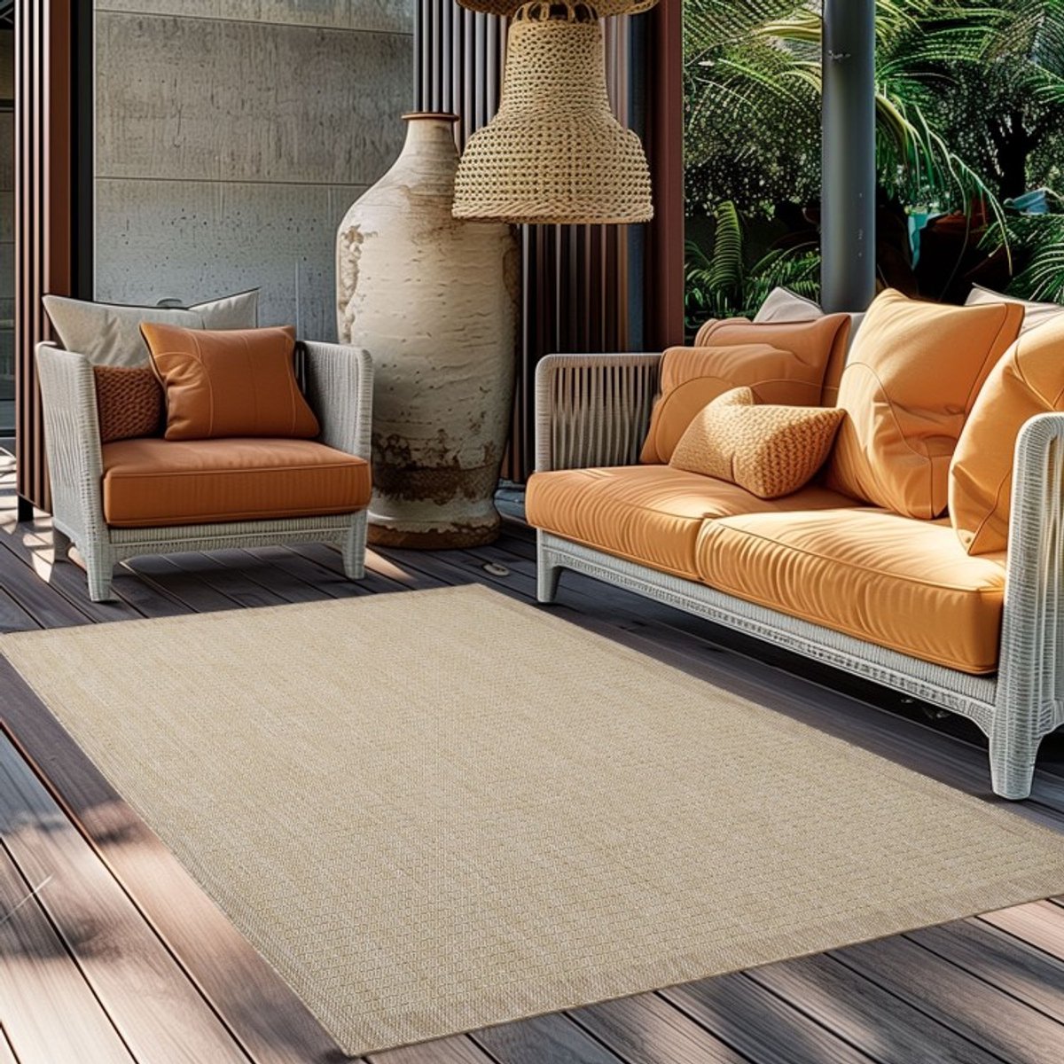 Buitenkleed, beige van kleur, gemaakt van polypropyleen, voor keuken en balkon, UV-bestendig. 120x170 cm