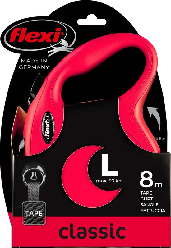 Emballage d'une laisse Flexi Classic L rouge, ruban de 8 mètres, max 50kg.