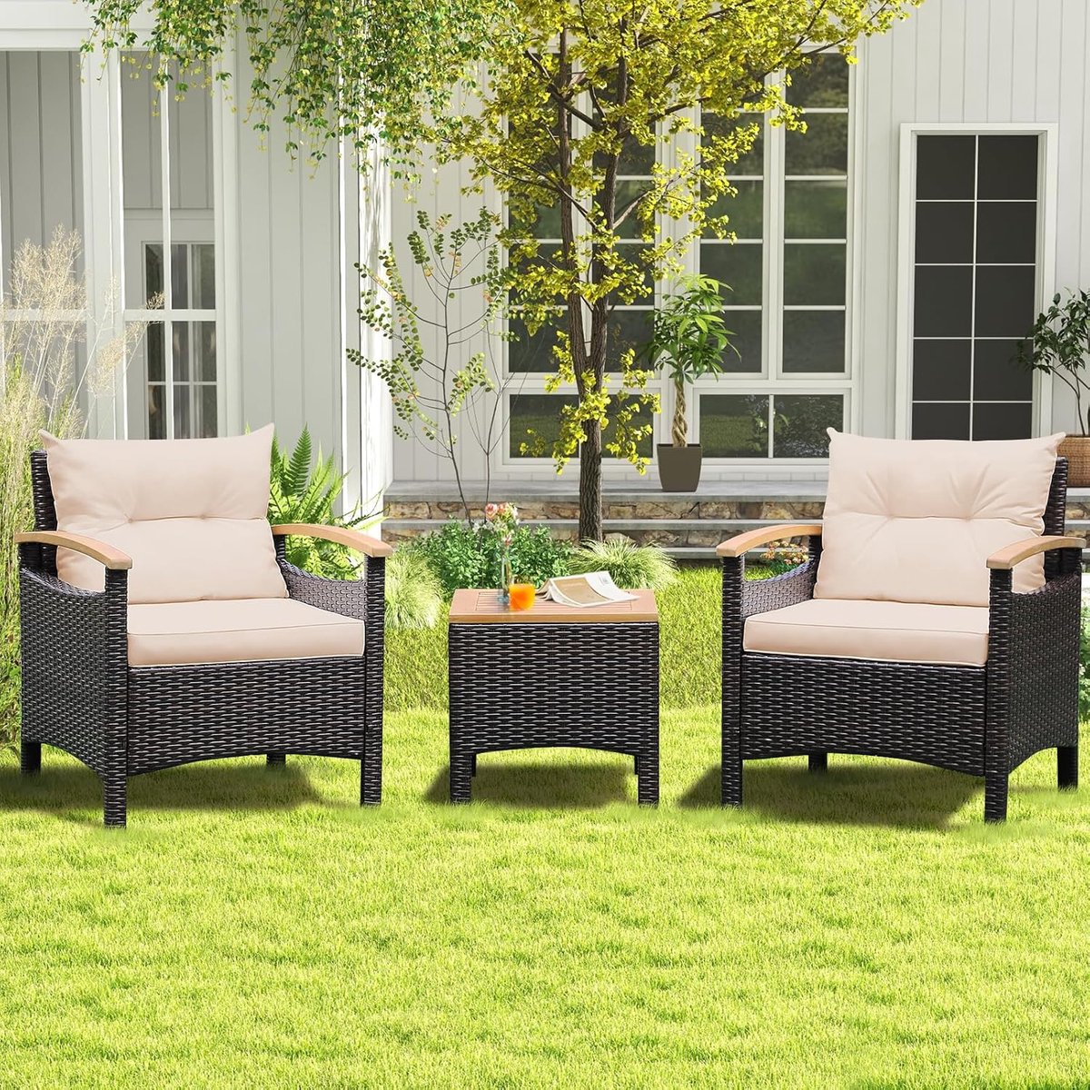 Tuinmeubelset 3-delig 64 x 60 x 74 cm – PE Rotan Loungeset met Kussens & Acaciahouten Salontafel – Weerbestendig Balkon & Terras Set Bruin – Nicolehome