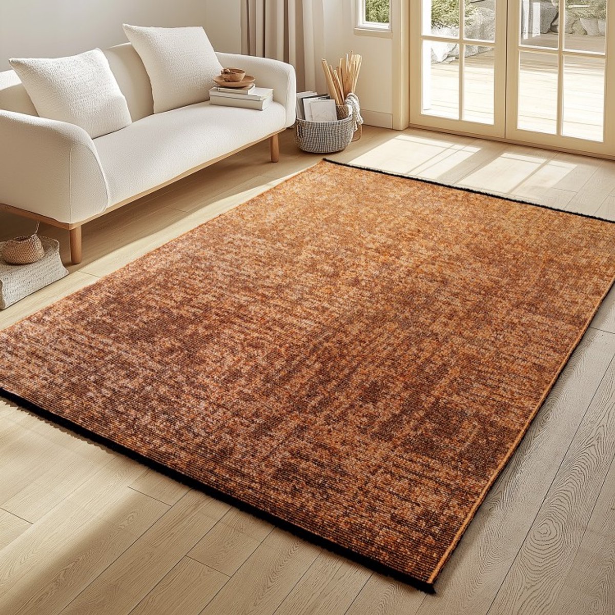 Binnenkleed, gemarmerd patroon, terracotta kleur, katoen chenille, plat geweven. 140x200 cm