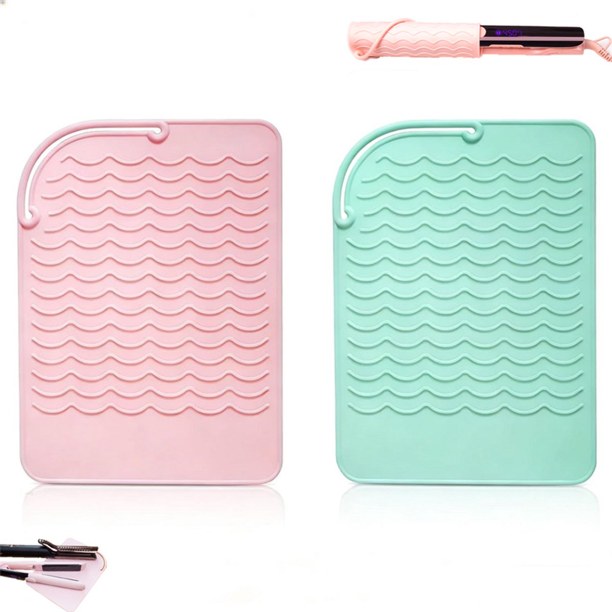 2 stuks - Siliconen stijltangpad - Stijltangpad - Hitte-isolerende pad voor stijltang - Roze + Groen - Hitte-isolerende siliconen pad - Golvende siliconen hitte-isolerende pad - Hittebestendige siliconen reispad