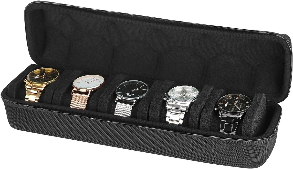 Reis etui horloge - Horloge opberger - Horloges veilig vervoeren - Harde beschermende schaal - 5 vakken - Zwart