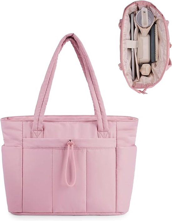Roze gewatteerde shopper tas met ritsvak aan voorkant en een open compartiment met spullen.