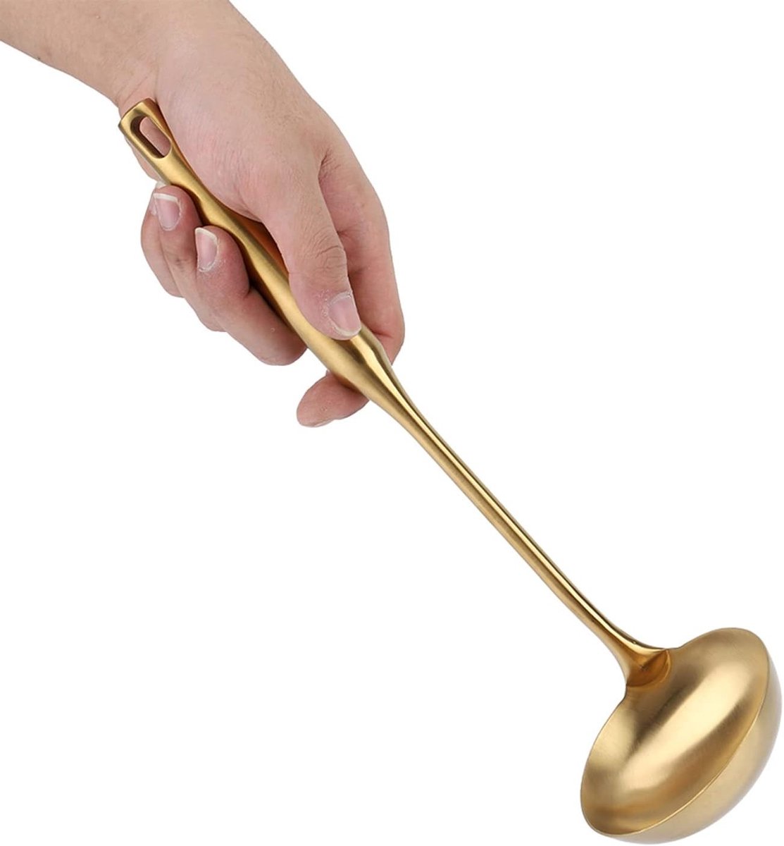 Allecto- Keukengerei - Soeplepel - Roestvrij staal - Grote soeplepel - Keukenspatel - Kookgereedschap - Comfortabele grip - Goudkleurig - Geschikt voor alle kookoppervlakken - RVS Soeplepel met gouden handvat