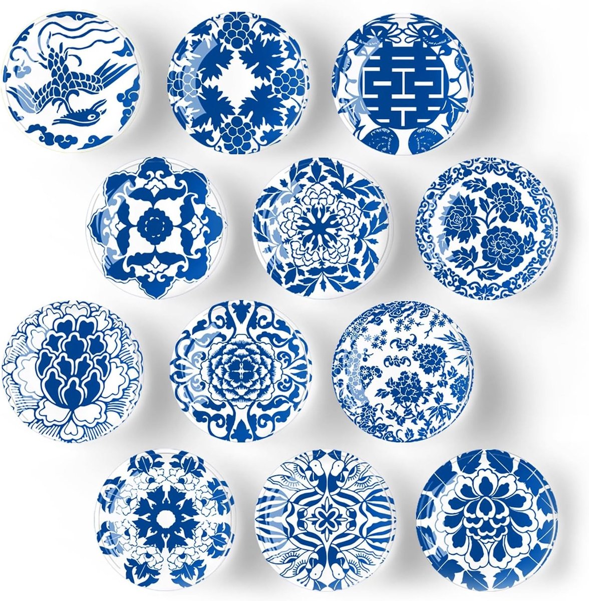Set van 12 Blauwe en Witte Porselein Magneetjes voor Koelkast, Whiteboard en Pinbord - Perfecte Cadeau voor Kinderen en Volwassenen