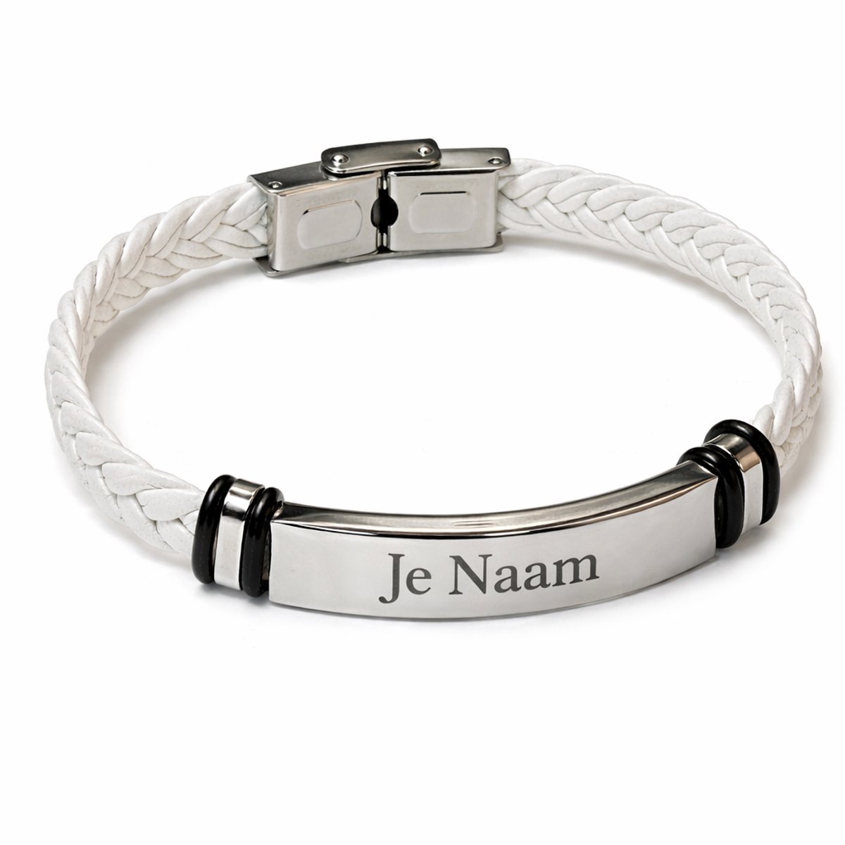 Armband met graveer, Armband met naam, Gepersonaliseerde gevlochten armband met naamgravure - wit-zilver design, Armband met naamplaatje ,graveerarmband
