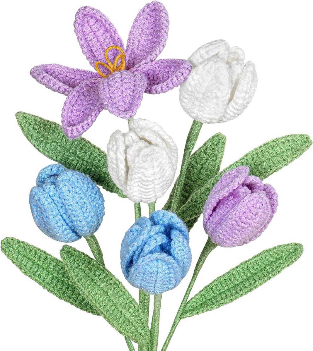 Gehaakte Tulpen Boeket - Kunstbloemen Handgemaakt - Woondecoratie Kantoor - Eeuwige Bloemen - 40 cm - Wit Paars Blauw