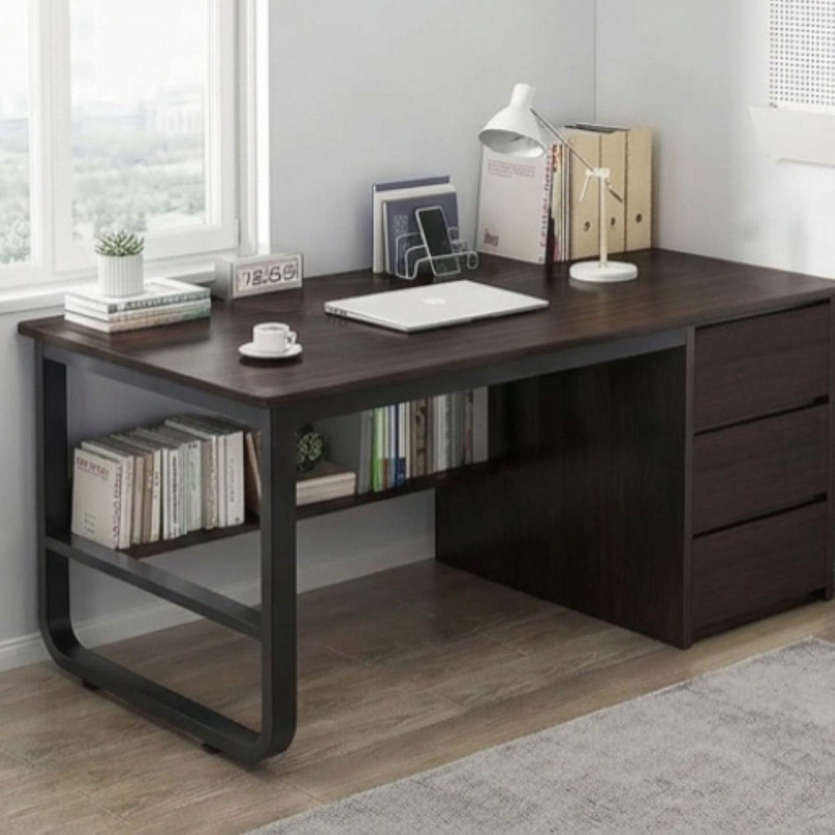 Hoekbureau met Boekenkast 120x48x75 cm – Modern Bureau met Laden, Computerbureau & Metalen Frame voor Thuiswerkplek en Slaapkamer (Kleur C) – Urbanhome