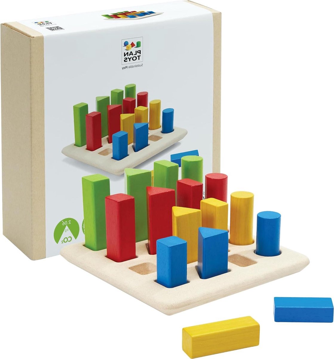 Houten Puzzel - Geometrische Puzzel - Motoriek Ontwikkelen - Zestien Houten Pennen - 17.4 cm x 17.4 cm - Veelkleurig