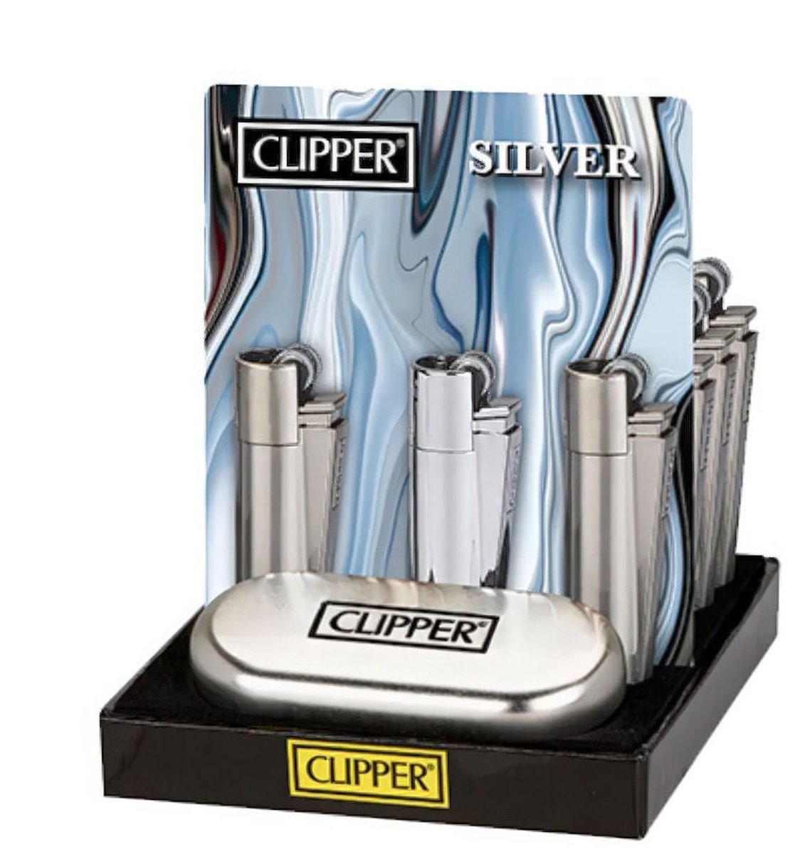 Clipper Large Metal Aanstekers "Silver" Display (12 Stuks)