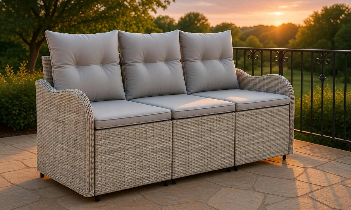Rotan tuinbank loungeset 3-delig modulair – 176×62×85 cm – wicker tuinset met opbergruimte & kussens – weerbestendig polyrotan sofa set voor balkon, terras & tuin – Beige And Light Grey– Urbanhome