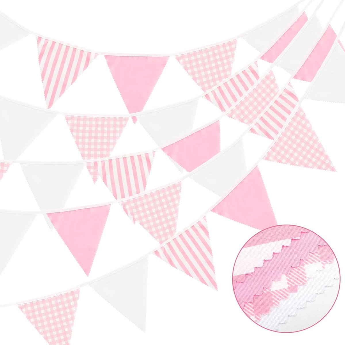 Kleurrijke Vlaggenlijn van 12m met Roze en Witte Strepen voor Kinderkamer, Bruiloft en Verjaardagsfeest met 42 Vlaggetjes