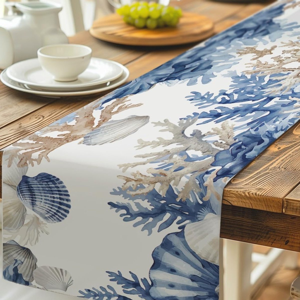 Stijlvolle tafelrunner met oceaanmotief in blauw, polyester tafelkleed voor zomerse feesten, 33x229cm, perfect voor huis en tuin decoratie